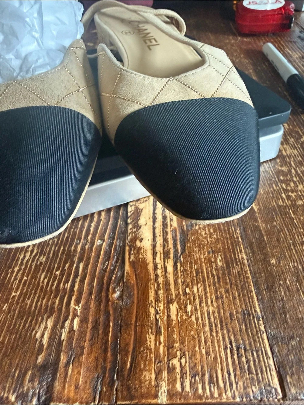 CHANEL Beige Quilted Slingback Flats with Black Cap Toe - Picture 8 of 11